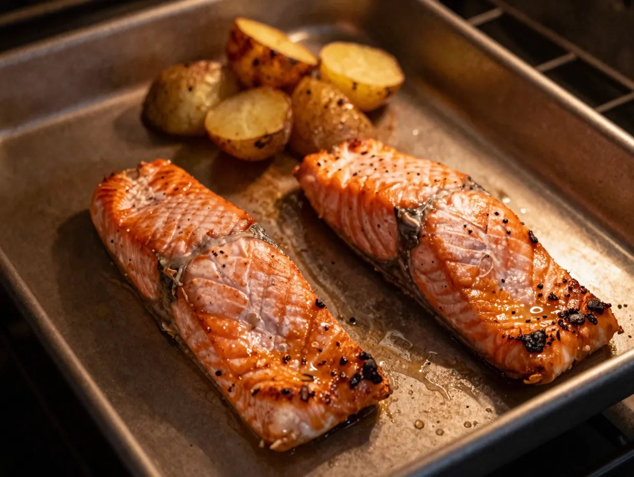 Roasted salmon and potatoes for two