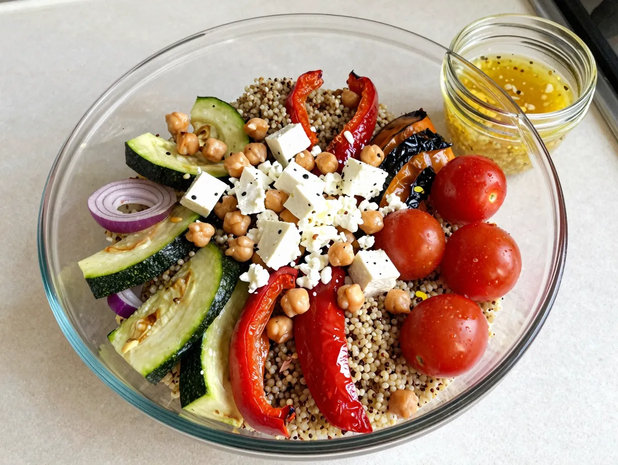Quinoa salad with roasted vegetables and lemon dressing