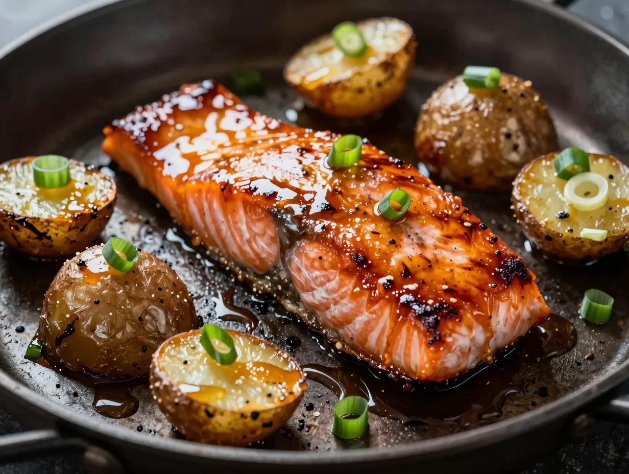 Soy garlic glazed salmon with scallion roasted potatoes