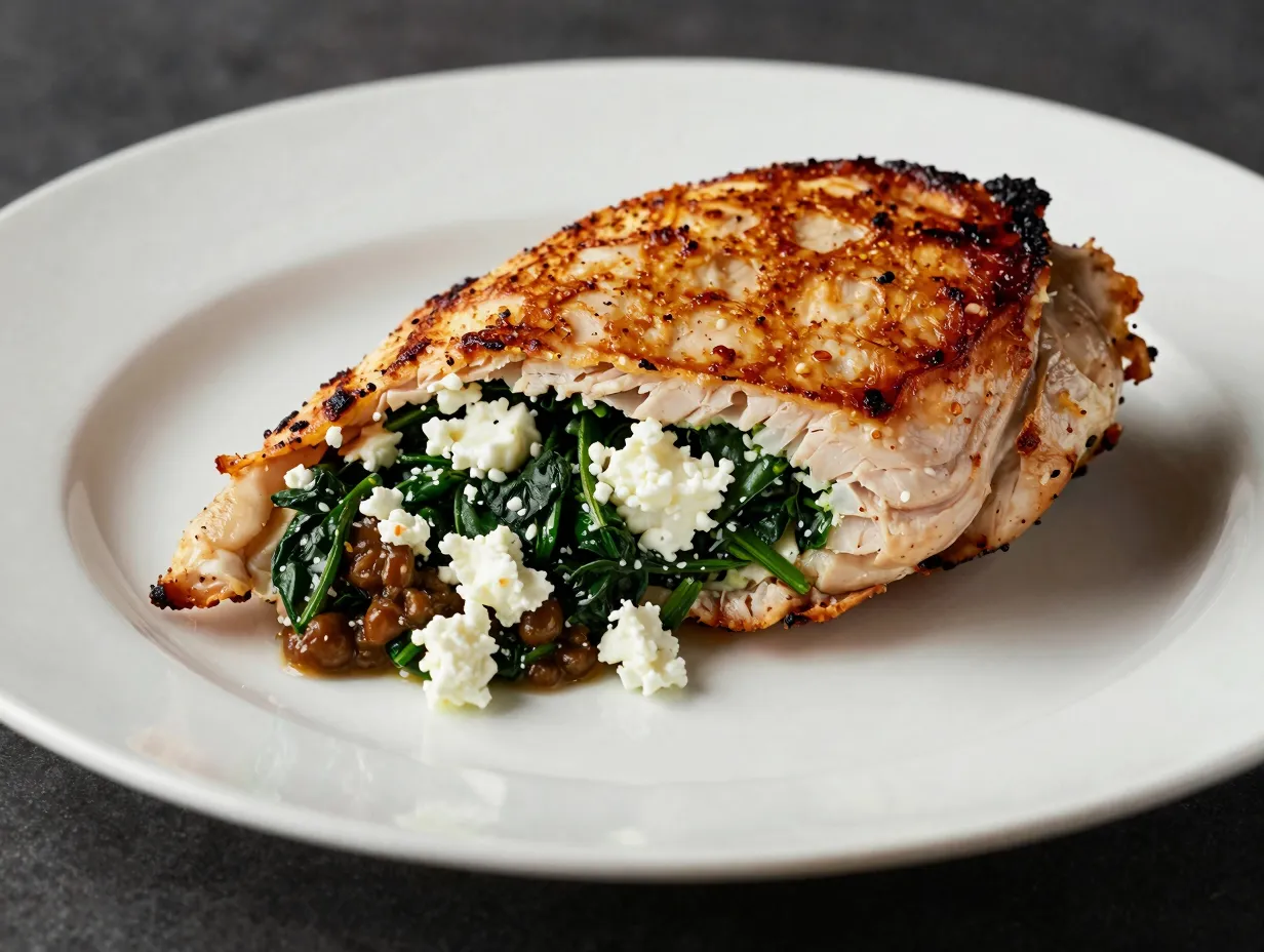Golden stuffed chicken breast with spinach and feta