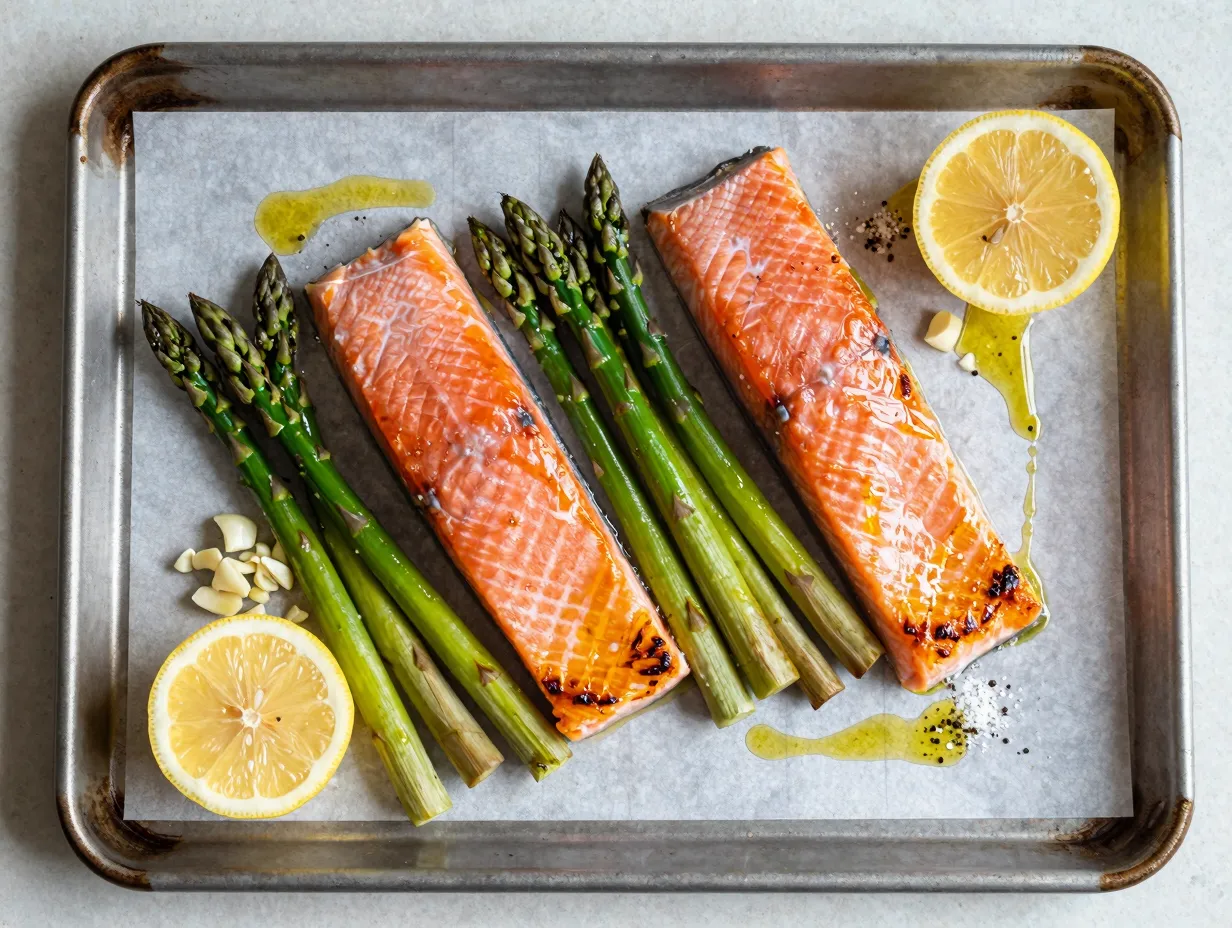 Sheet pan lemon garlic salmon with asparagus