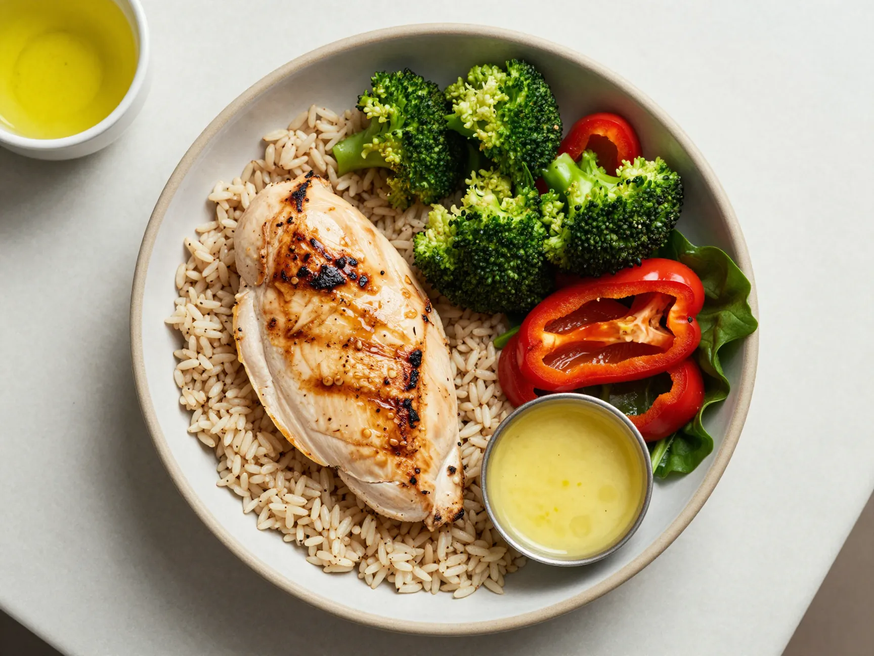 Single grain bowl on a wooden kitchen countertop