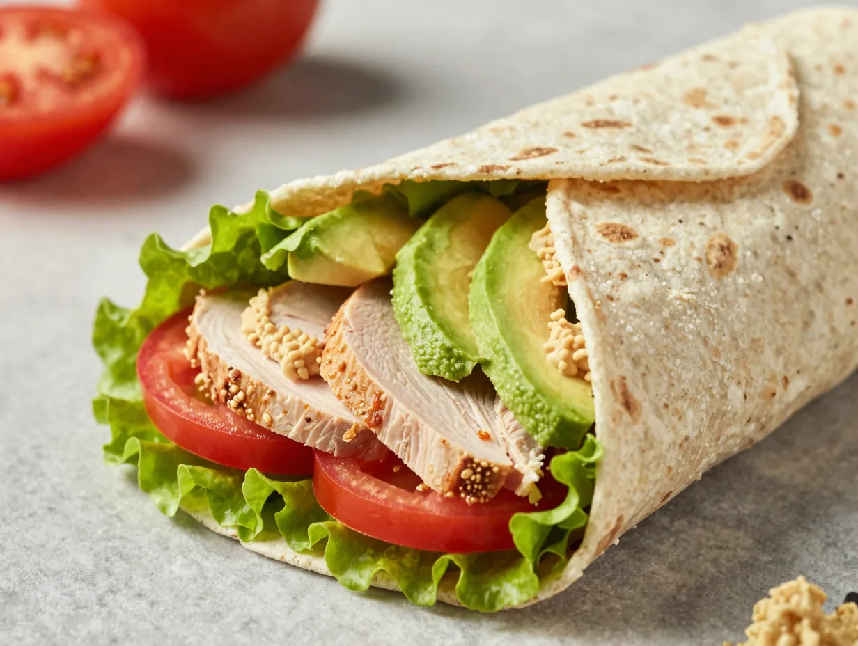 Wrapped turkey avocado lunch on a clean desk