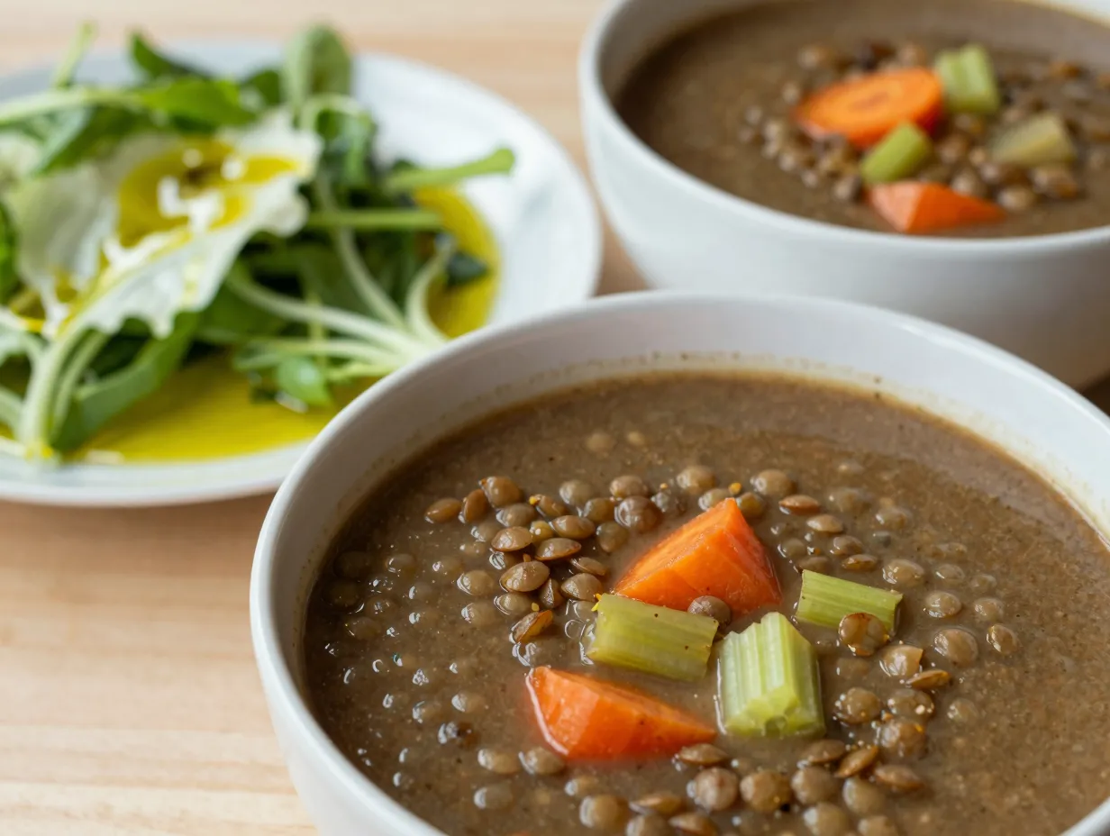 Bowl of lentil soup with a simple side salad