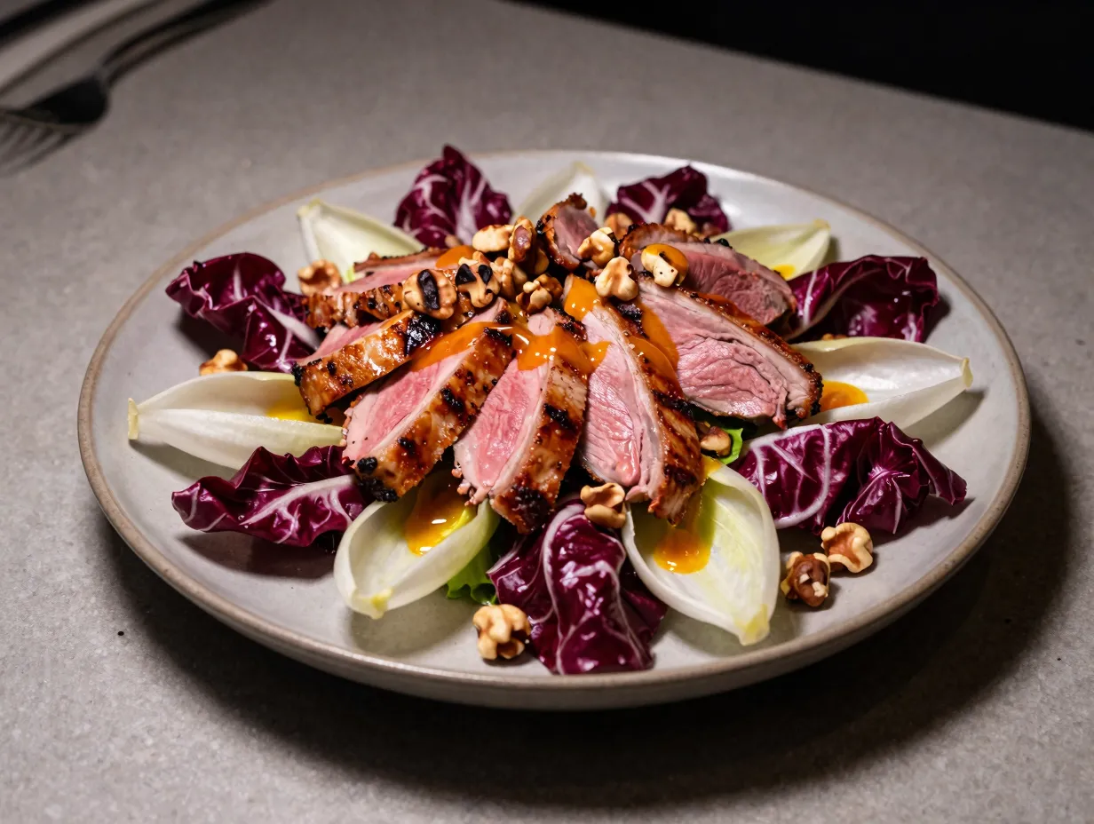 Seared duck breast salad with radicchio hazelnuts and orange vinaigrette