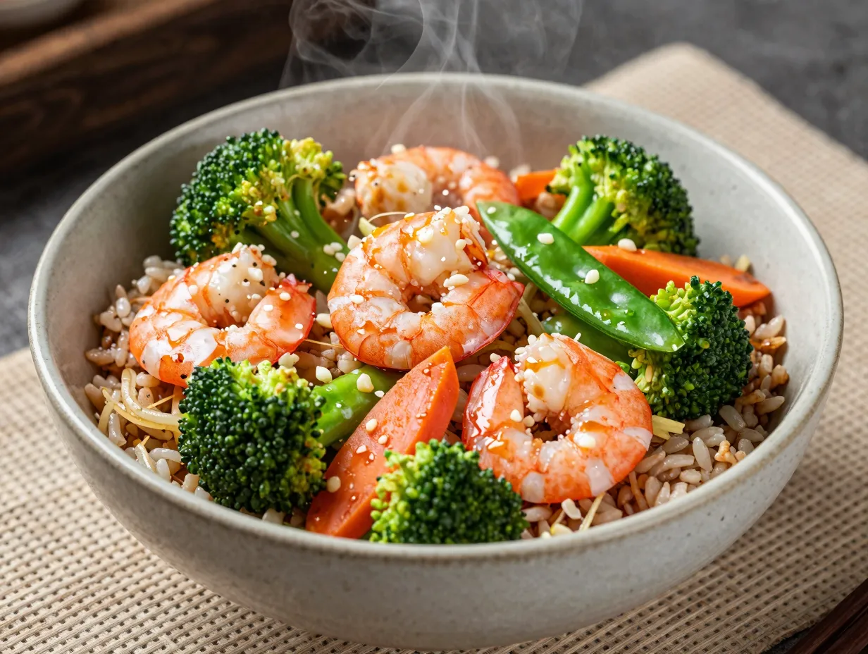Shrimp stir fry over brown rice