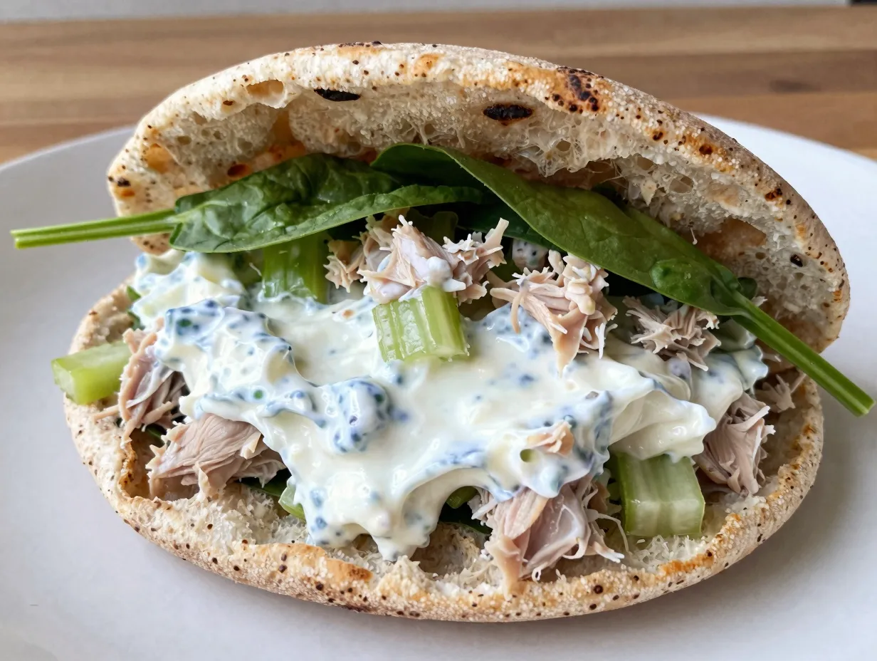 Whole wheat pita stuffed with creamy tuna salad