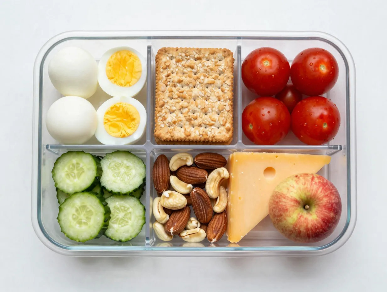 Bento box with assorted healthy lunch components