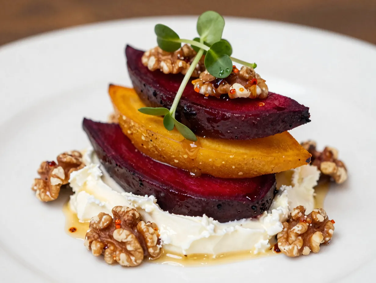 Roasted beet salad with whipped goat cheese and candied walnuts