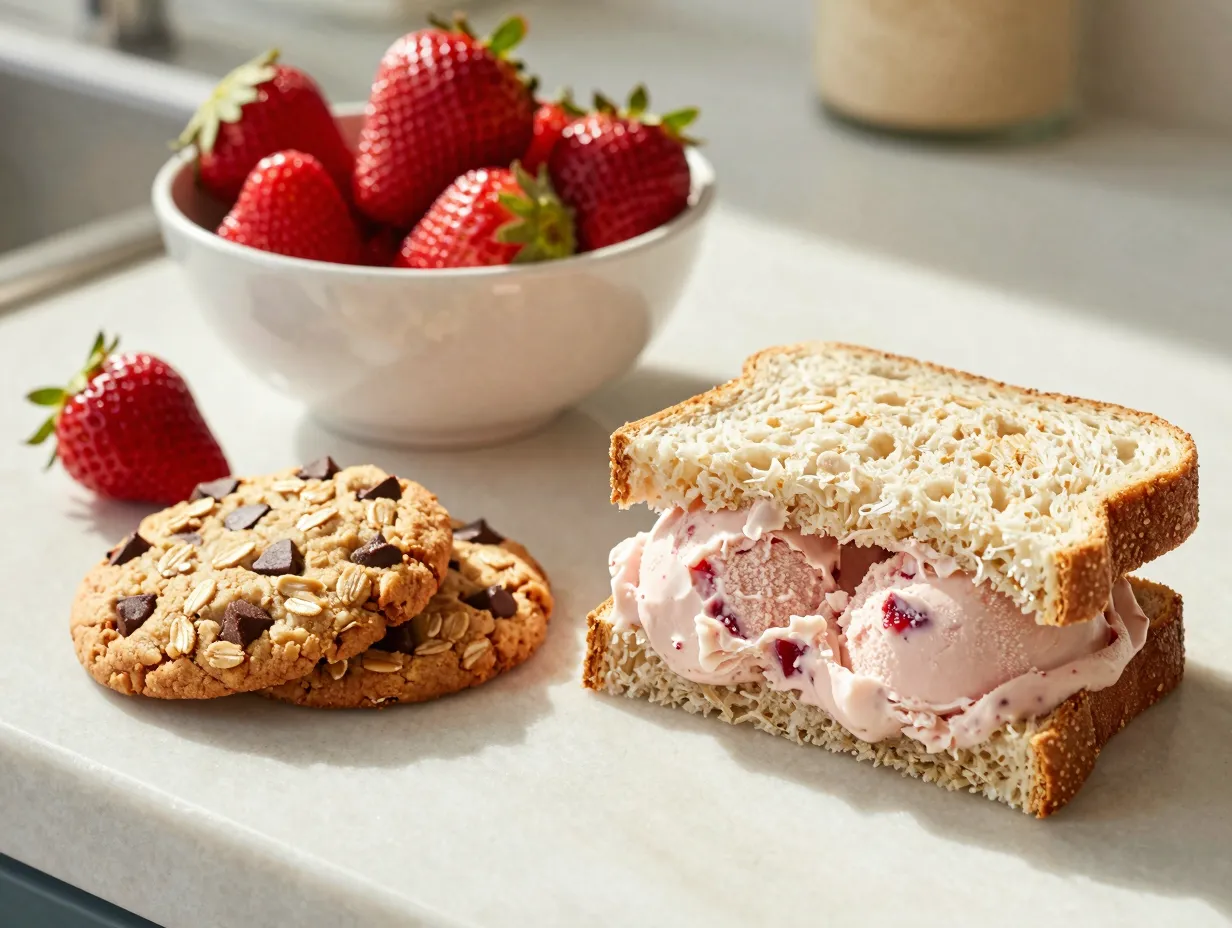 Oatmeal chocolate chip cookie with strawberry ice cream