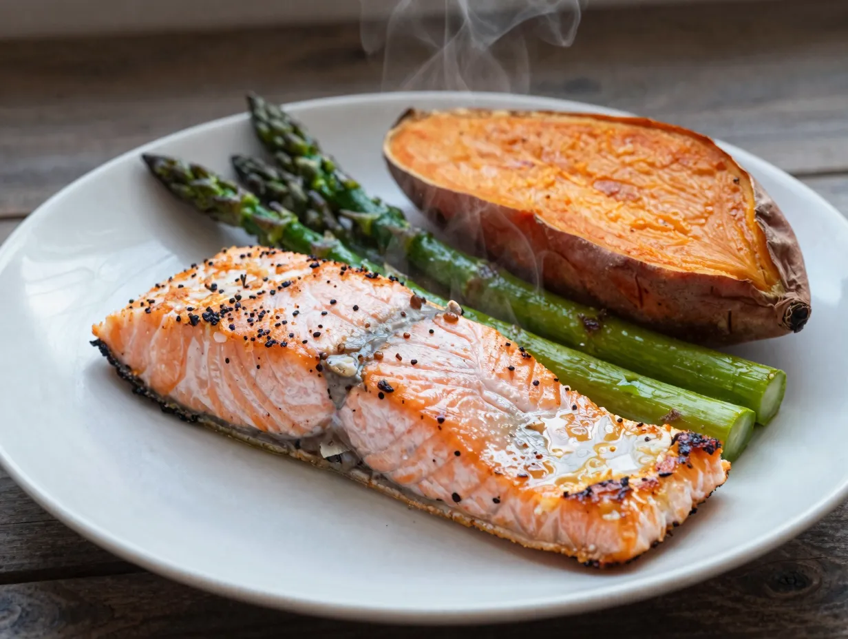 Reheated salmon with sweet potato and asparagus
