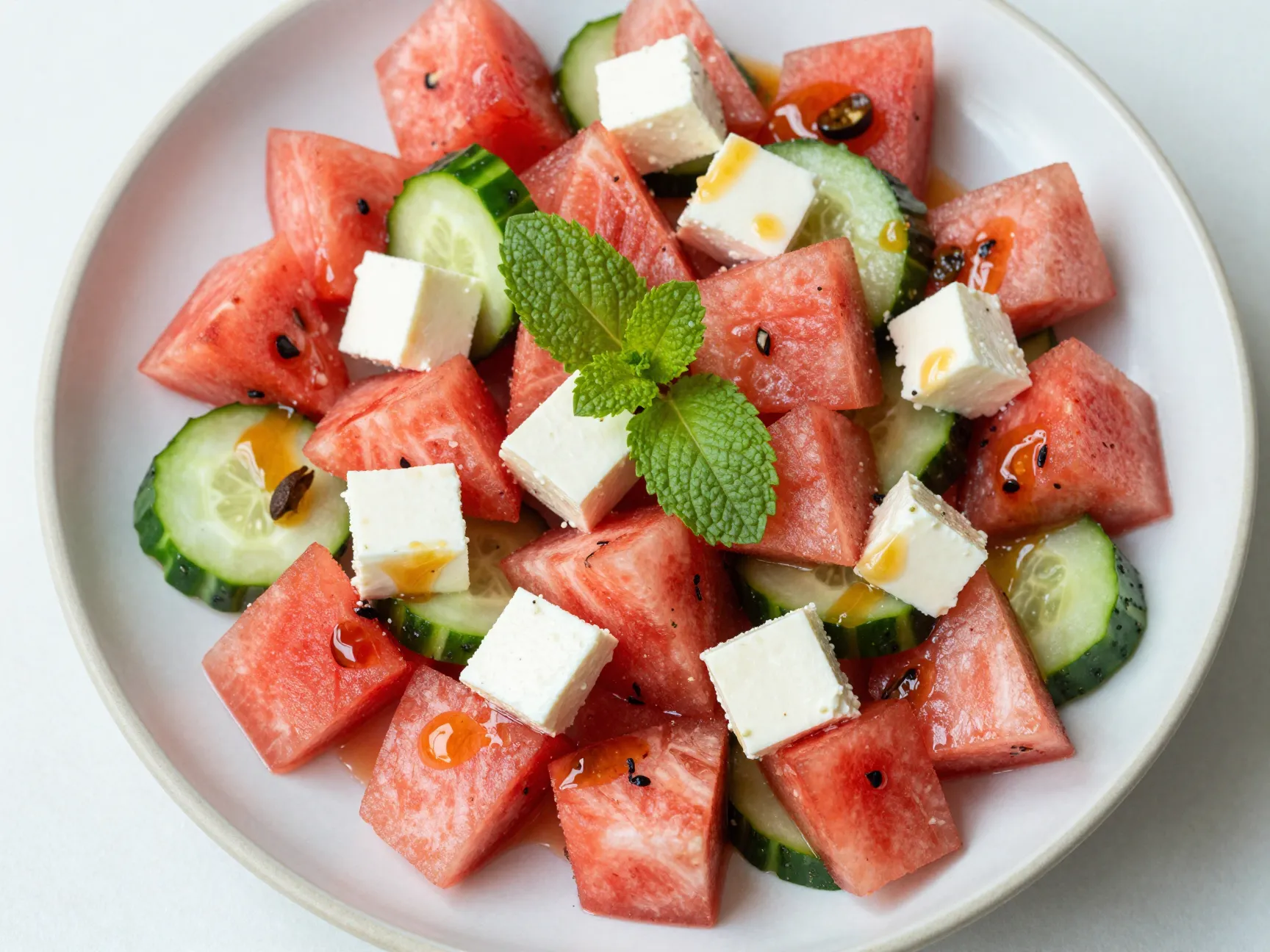 Watermelon and feta salad with mint cucumber and chili lime dressing