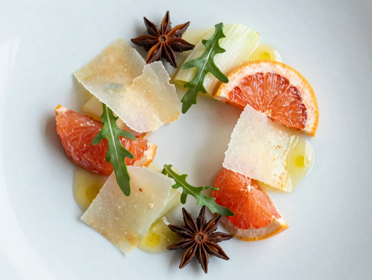 Shaved fennel and citrus salad with arugula and parmesan crisps