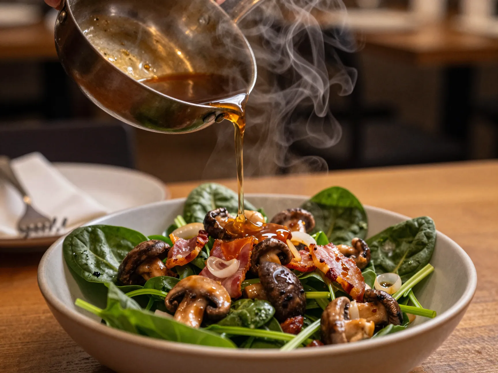 Warm spinach salad with mushrooms bacon and hot bacon dressing