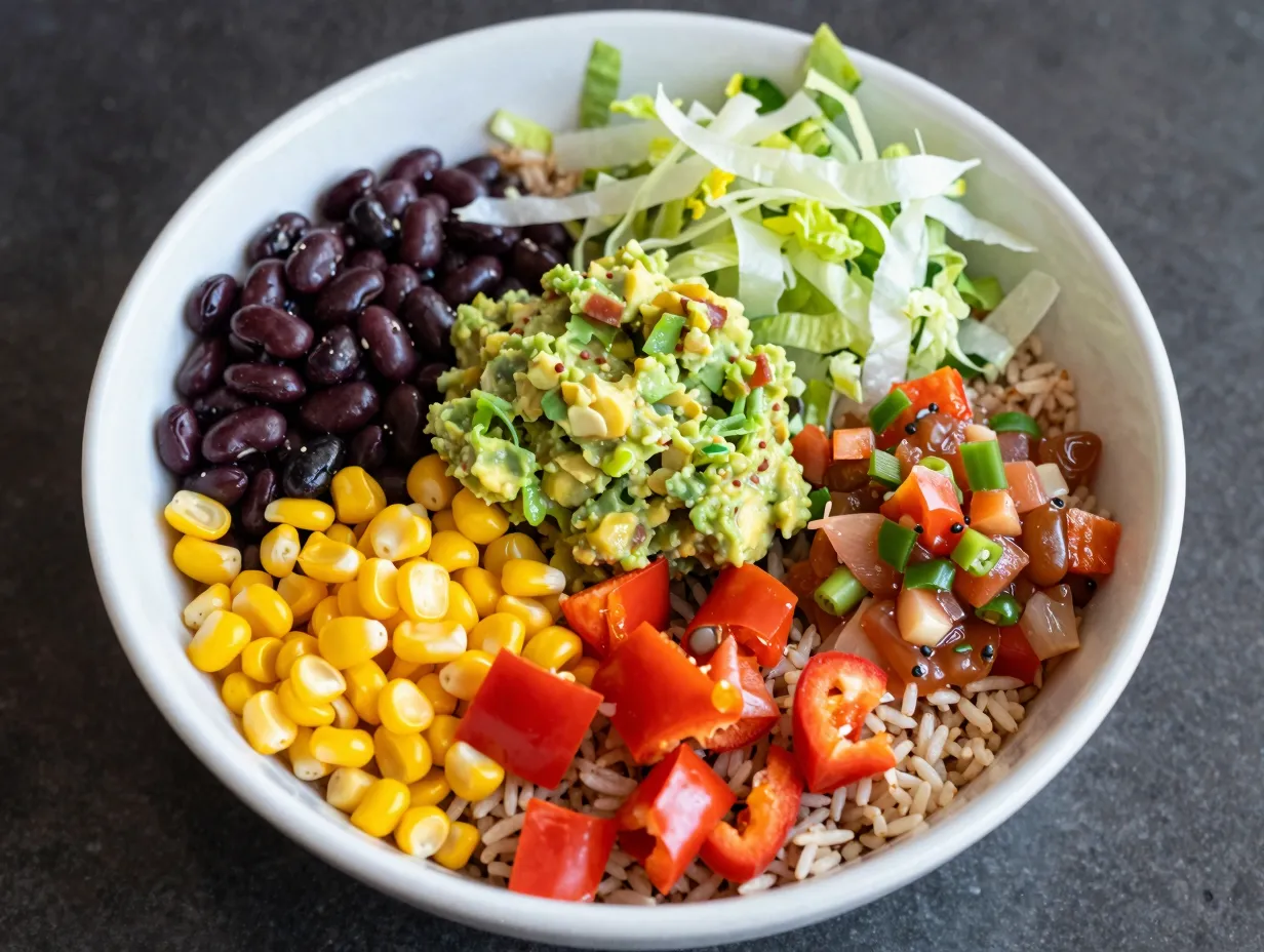 Colorful burrito bowl with black beans and salsa
