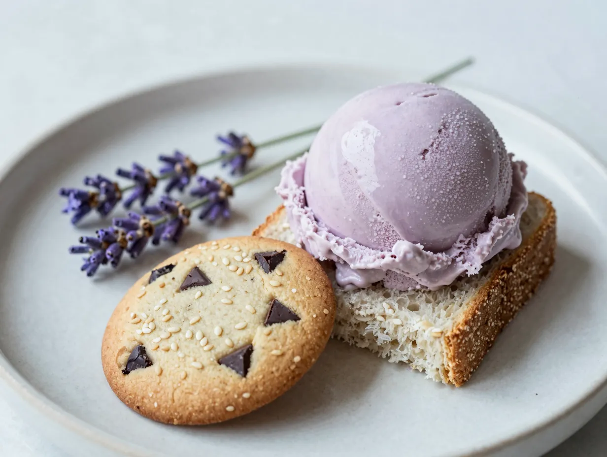 Tahini chocolate chip cookie with honey lavender ice cream