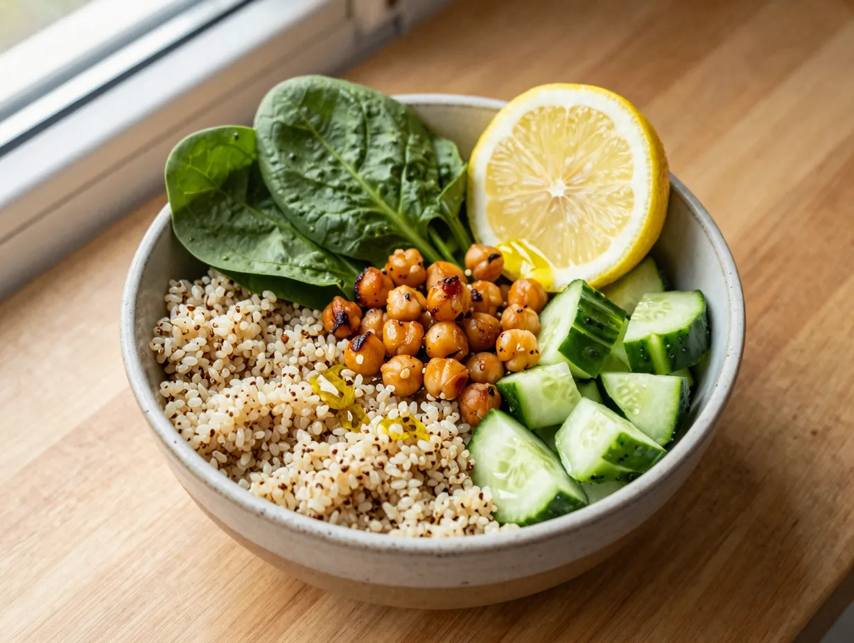 Quinoa power bowl with roasted chickpeas