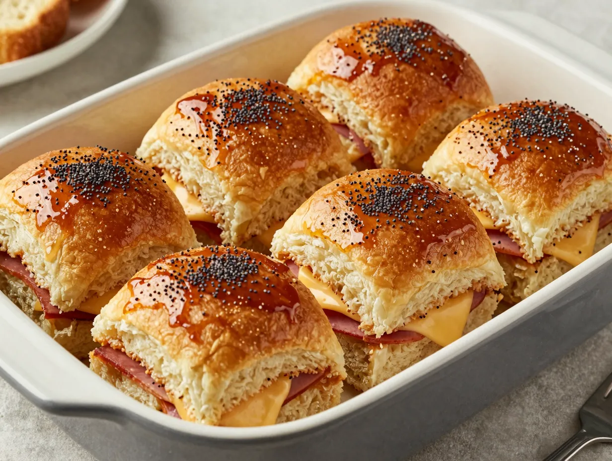 Warm baked ham and swiss cheese sliders on rolls