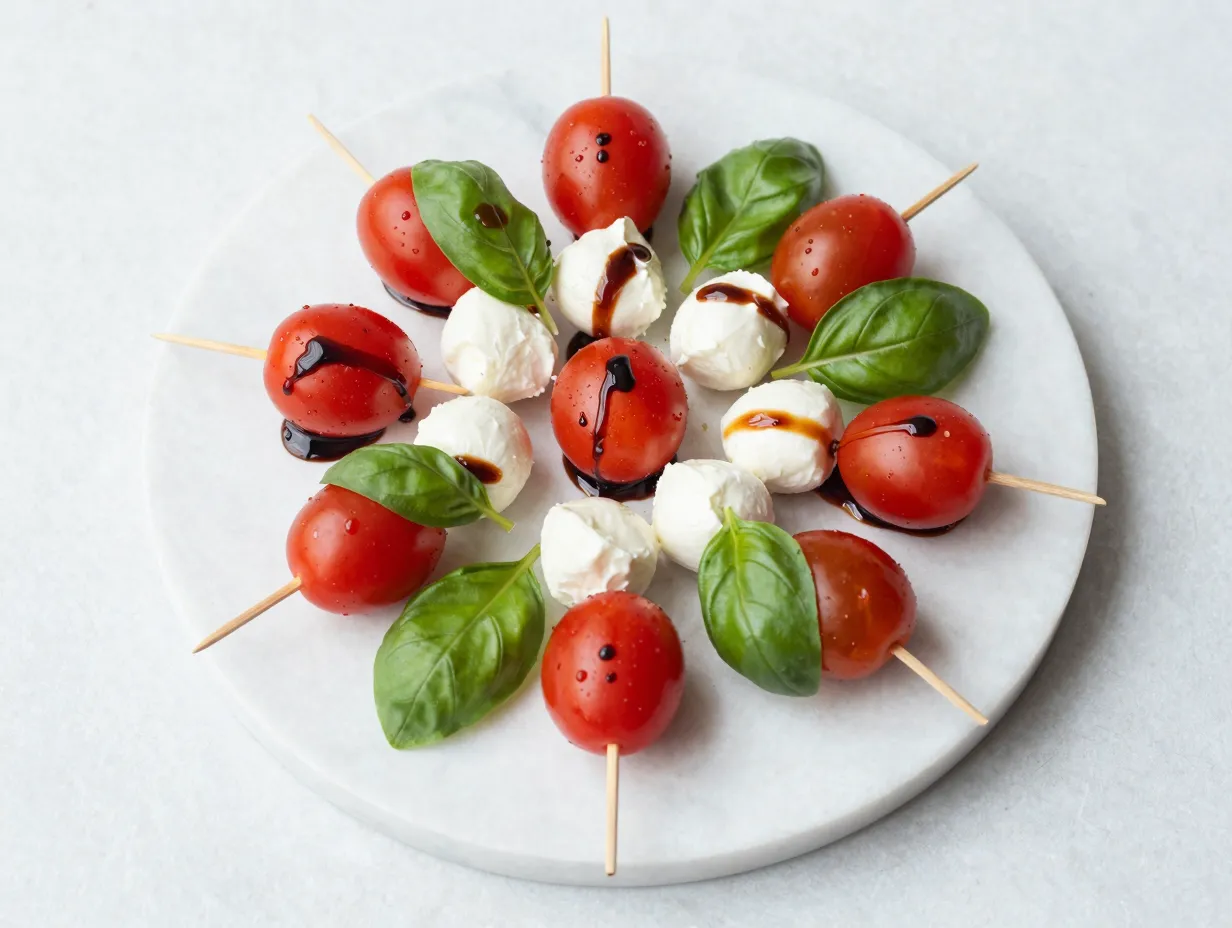 Fresh cherry tomato and mozzarella skewers with basil