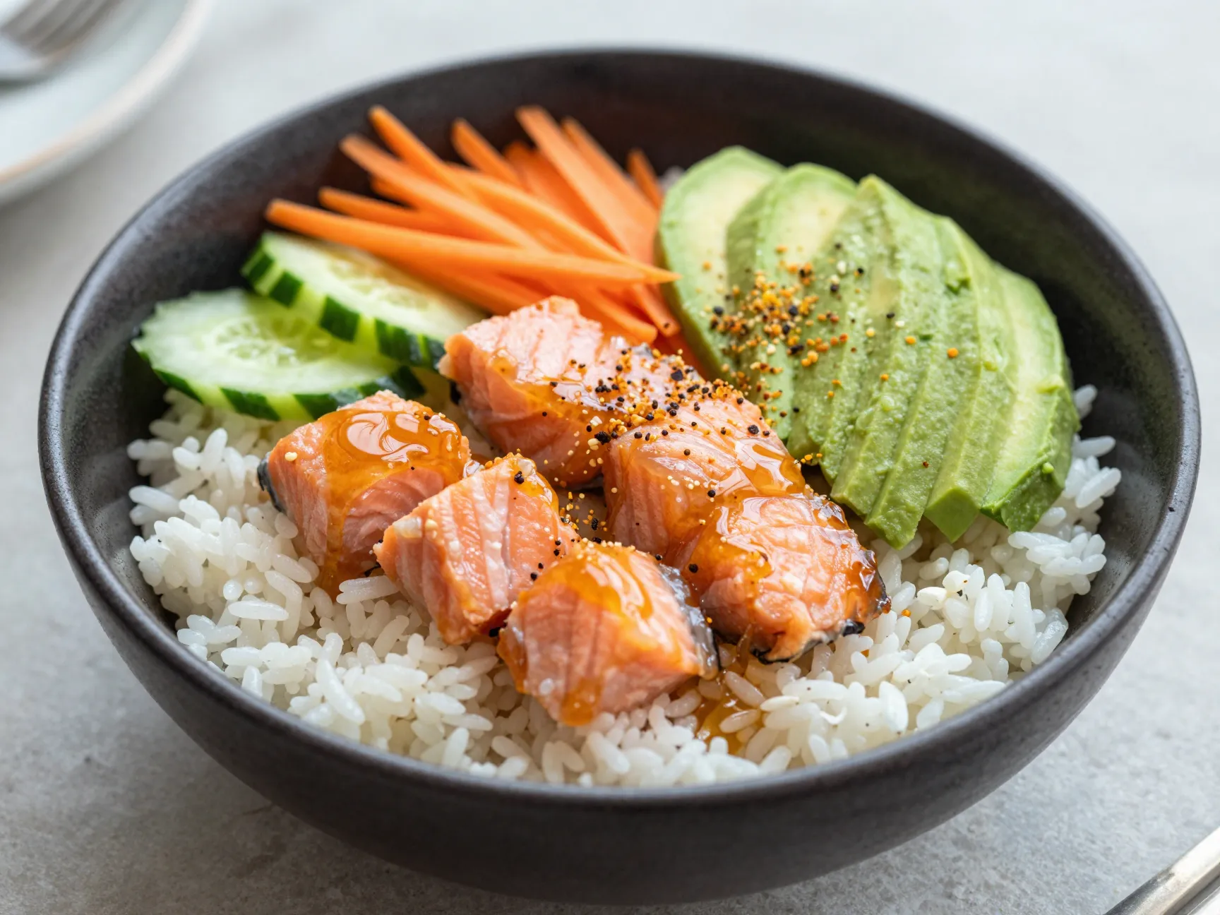 Hot honey salmon rice bowl
