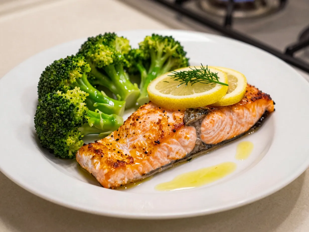 Lemon herb salmon with steamed broccoli