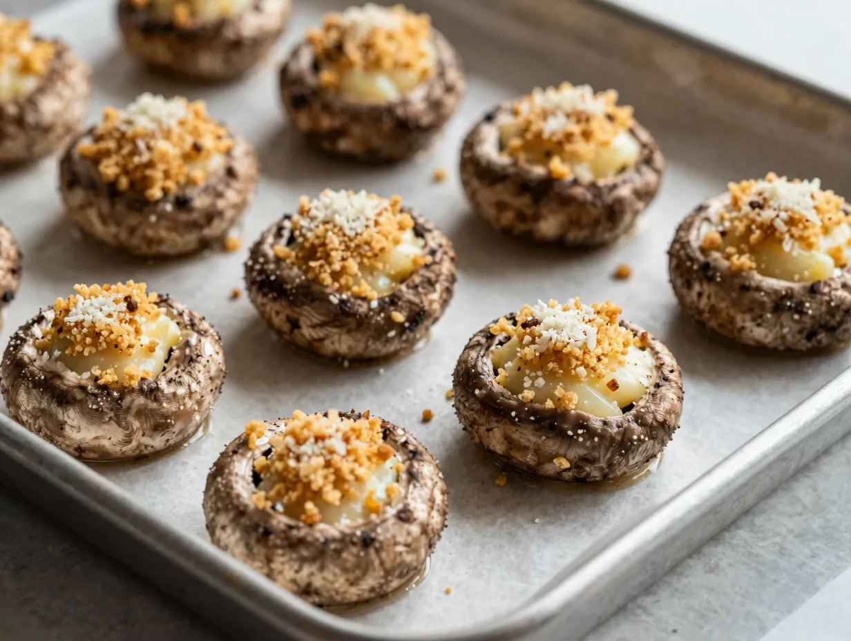 Golden baked mushroom caps with creamy herb filling
