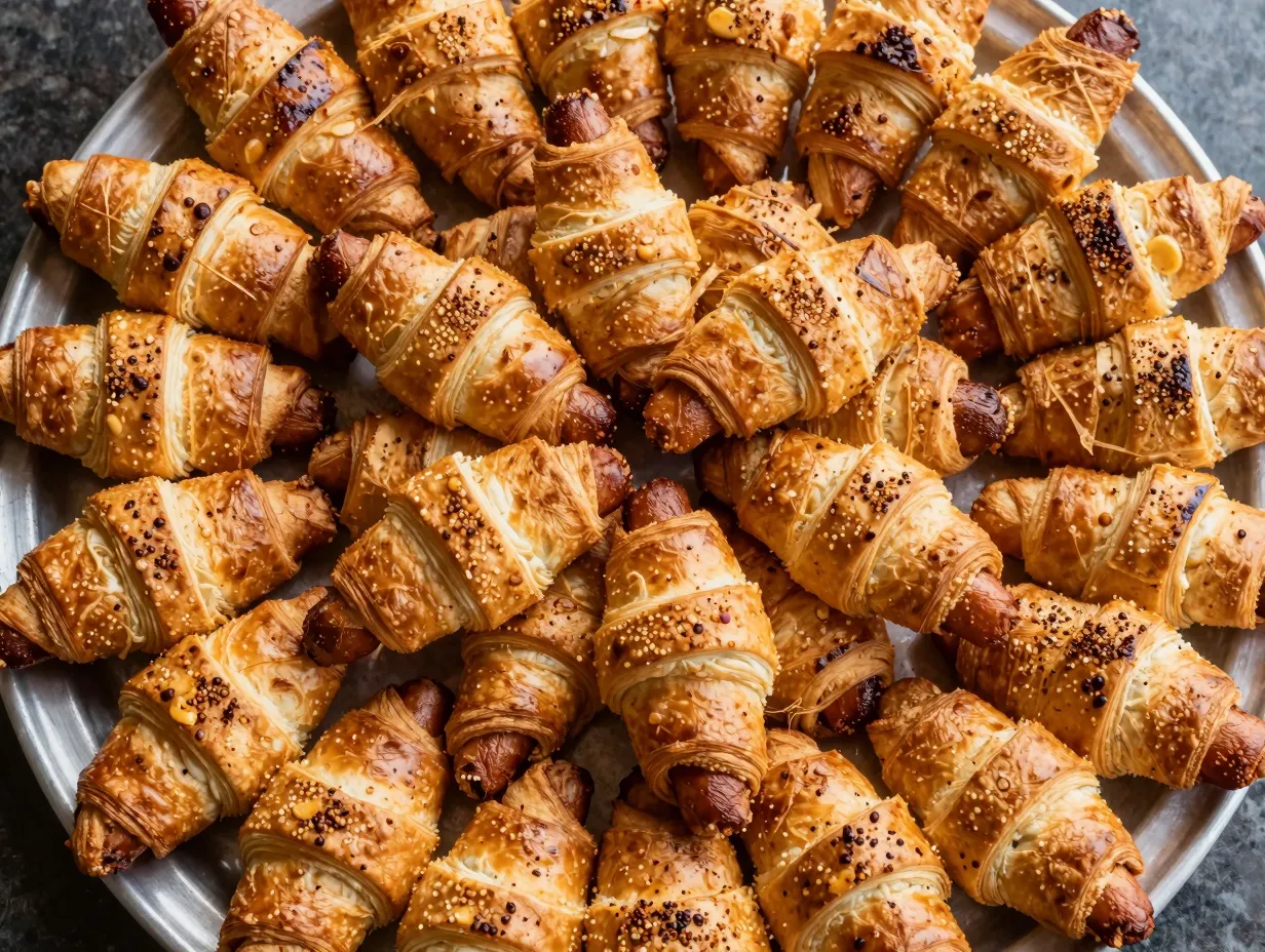 Flaky golden pastry wrapped around mini sausages