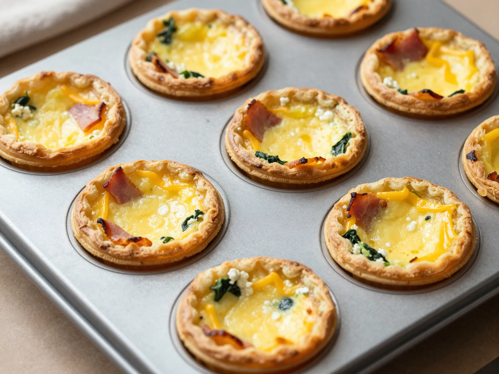 Individual mini quiches in a muffin tin varieties