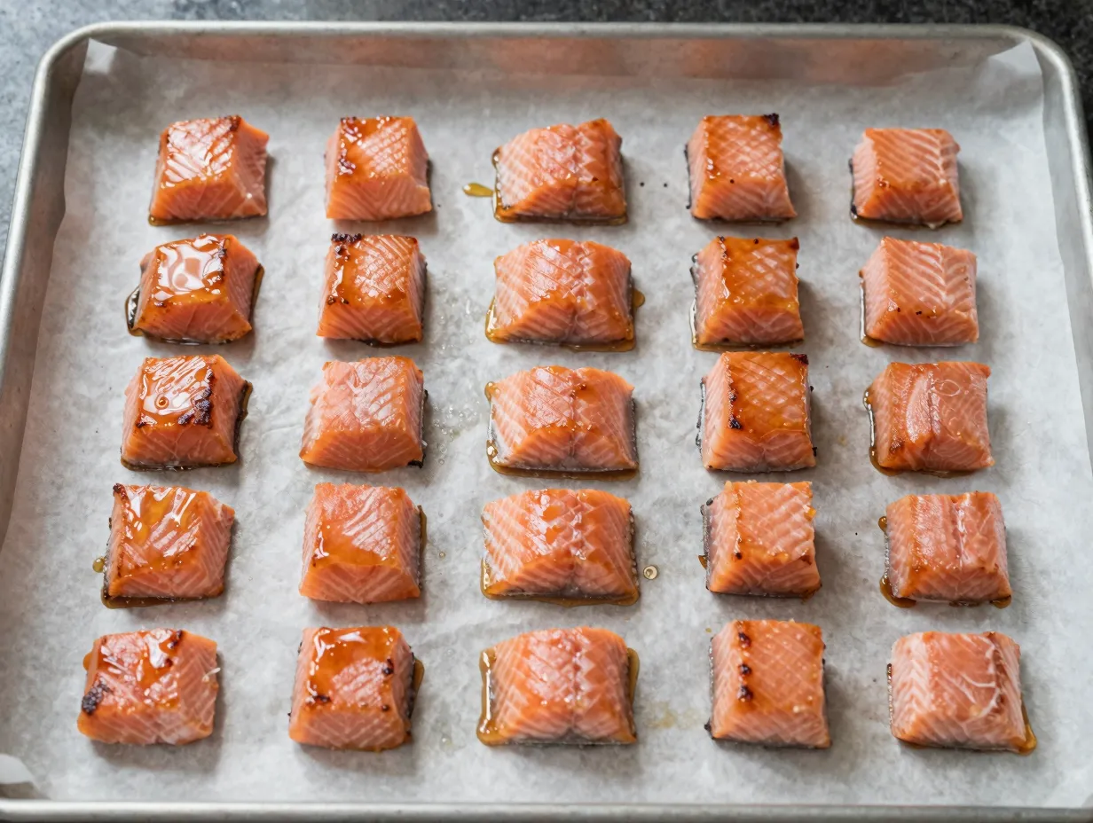 Oven baked hot honey salmon bites