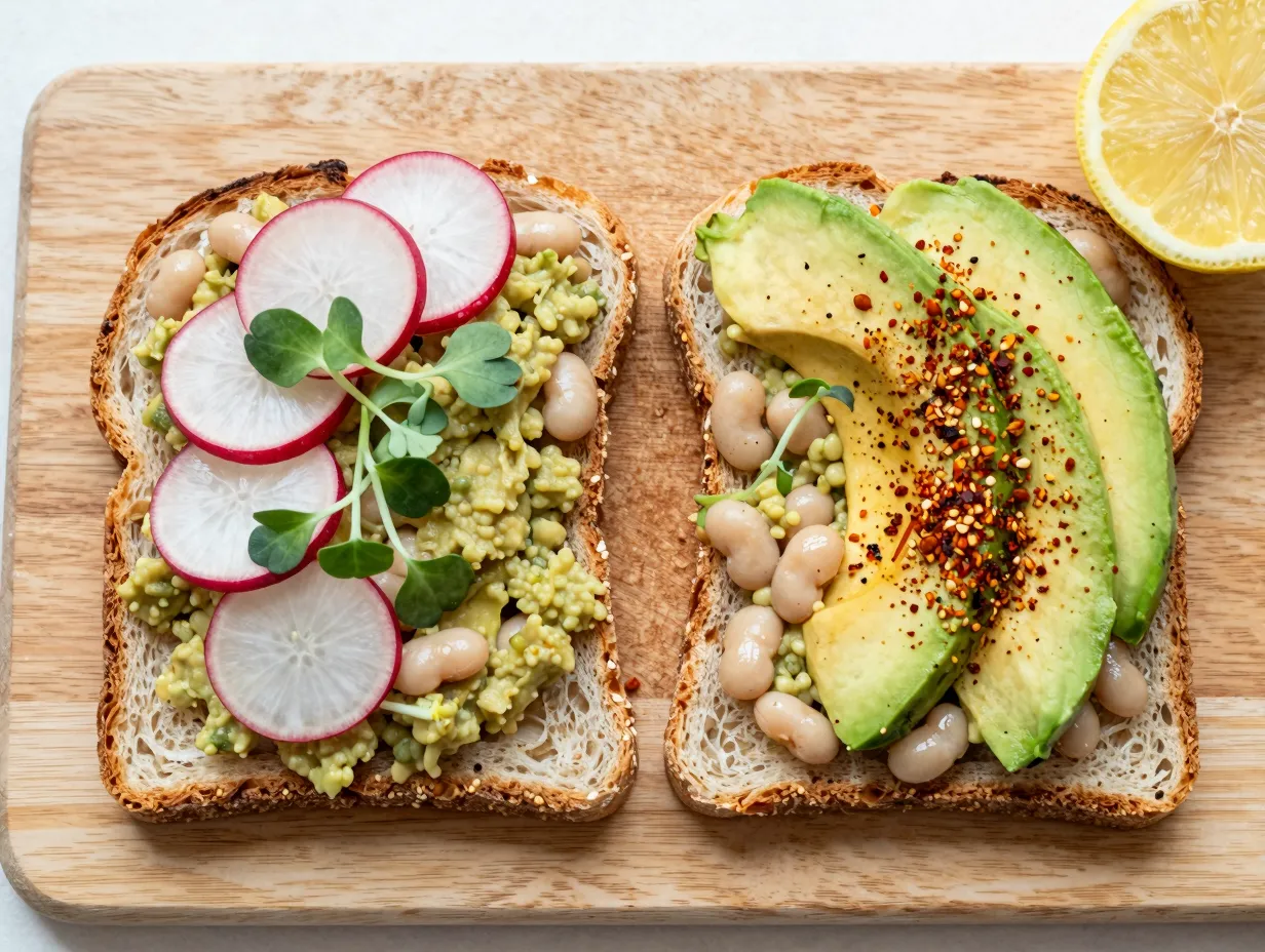 Smashed white bean and avocado toast on whole grain bread