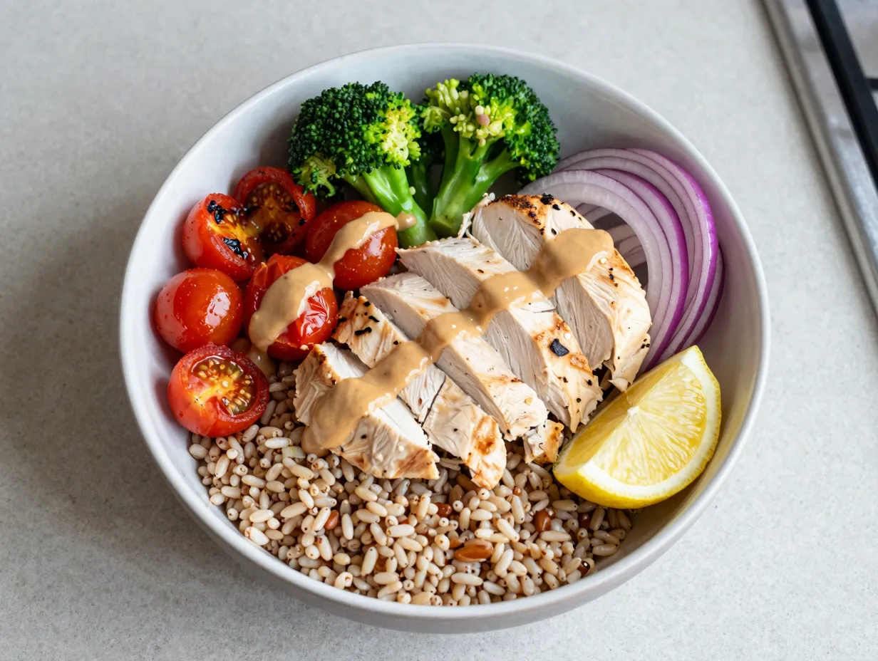 Chicken and roasted veggie grain bowl