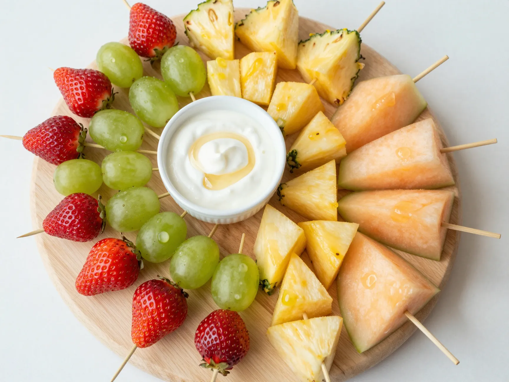 Colorful fresh fruit pieces threaded on small skewers