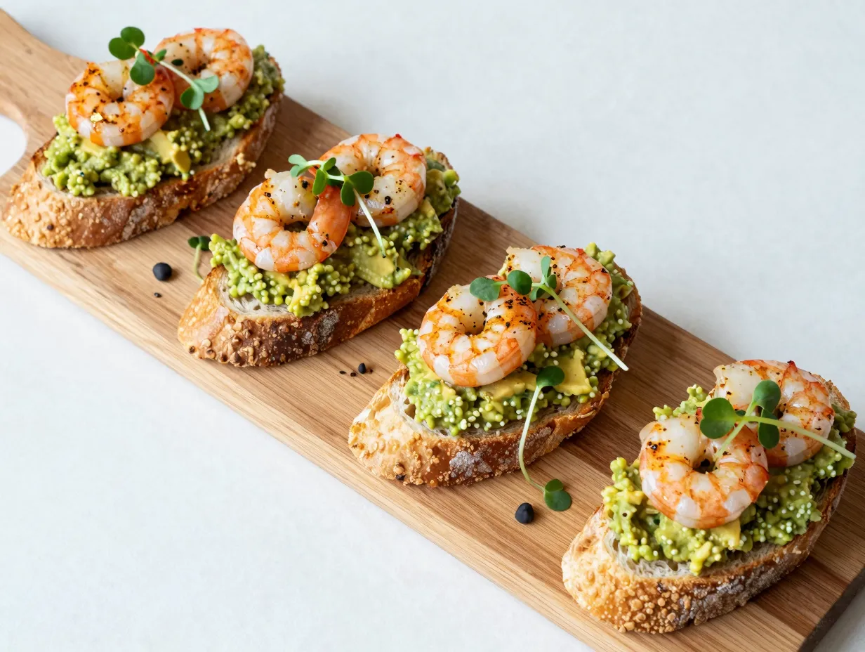 Guacamole toasts with shrimp