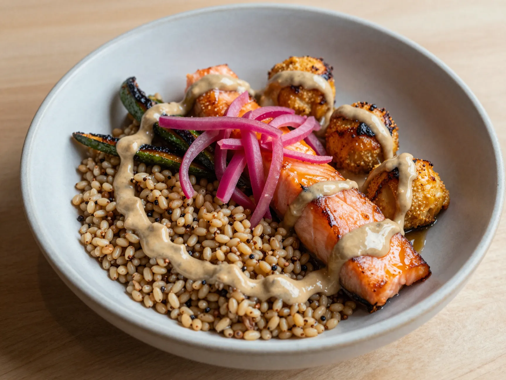 Hot honey salmon bites grain bowl