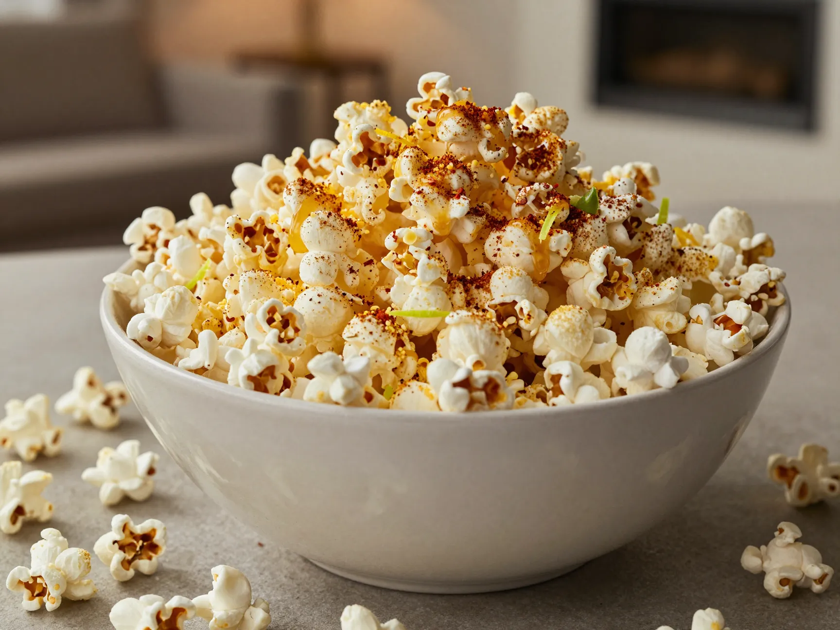 Bowl of air popped popcorn with colorful seasonings