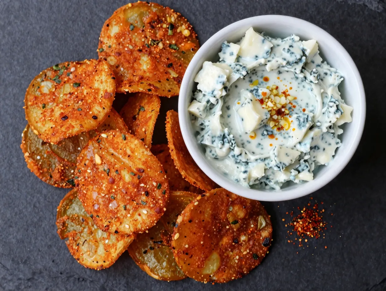 Spicy cajun fried pickles with garlic blue cheese dip