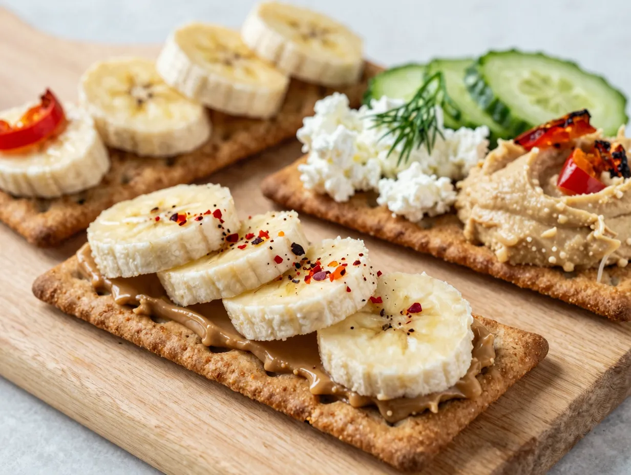 Seeded crackers topped with almond butter banana