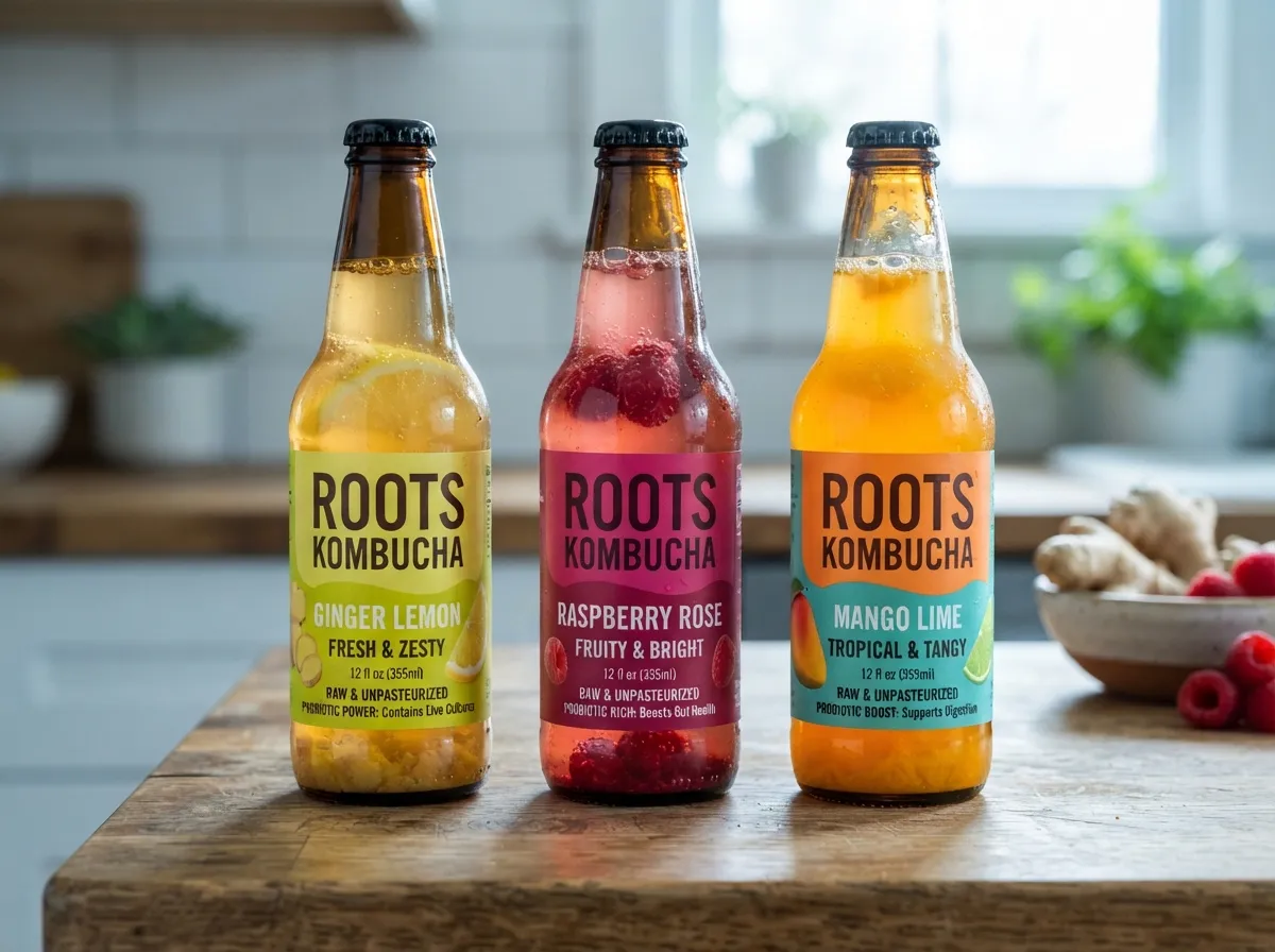 Bottle of kombucha with fruit flavor variety