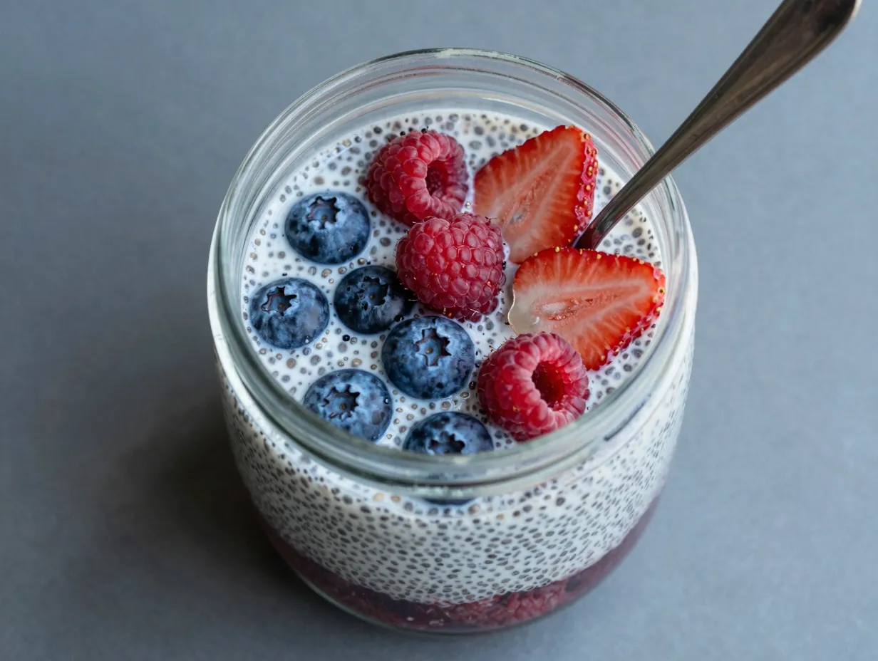 Chia seed pudding with almond milk and berries