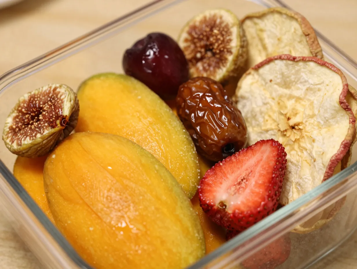 Assorted dried fruit handful in a small container
