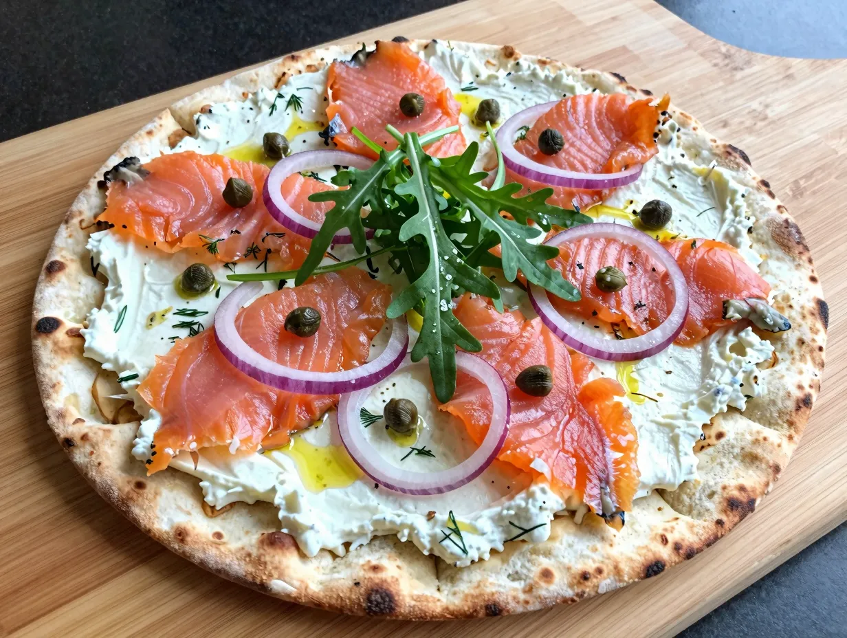 Smoked salmon cream cheese flatbread pizza