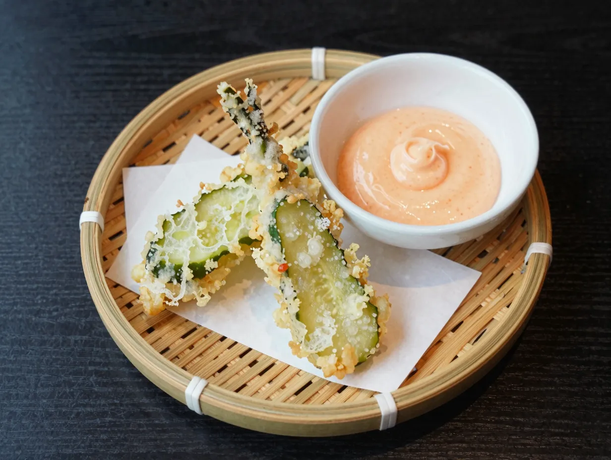 Tempura style fried pickles with sriracha aioli