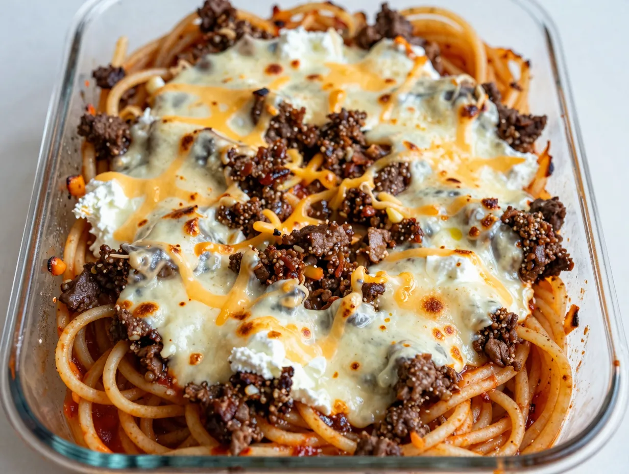 A golden bubbling casserole of spaghetti beef and cheese