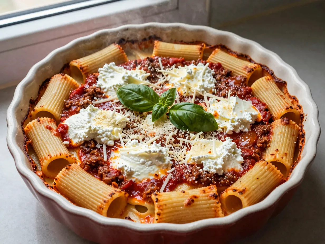 Baked ziti with mezzi rigatoni