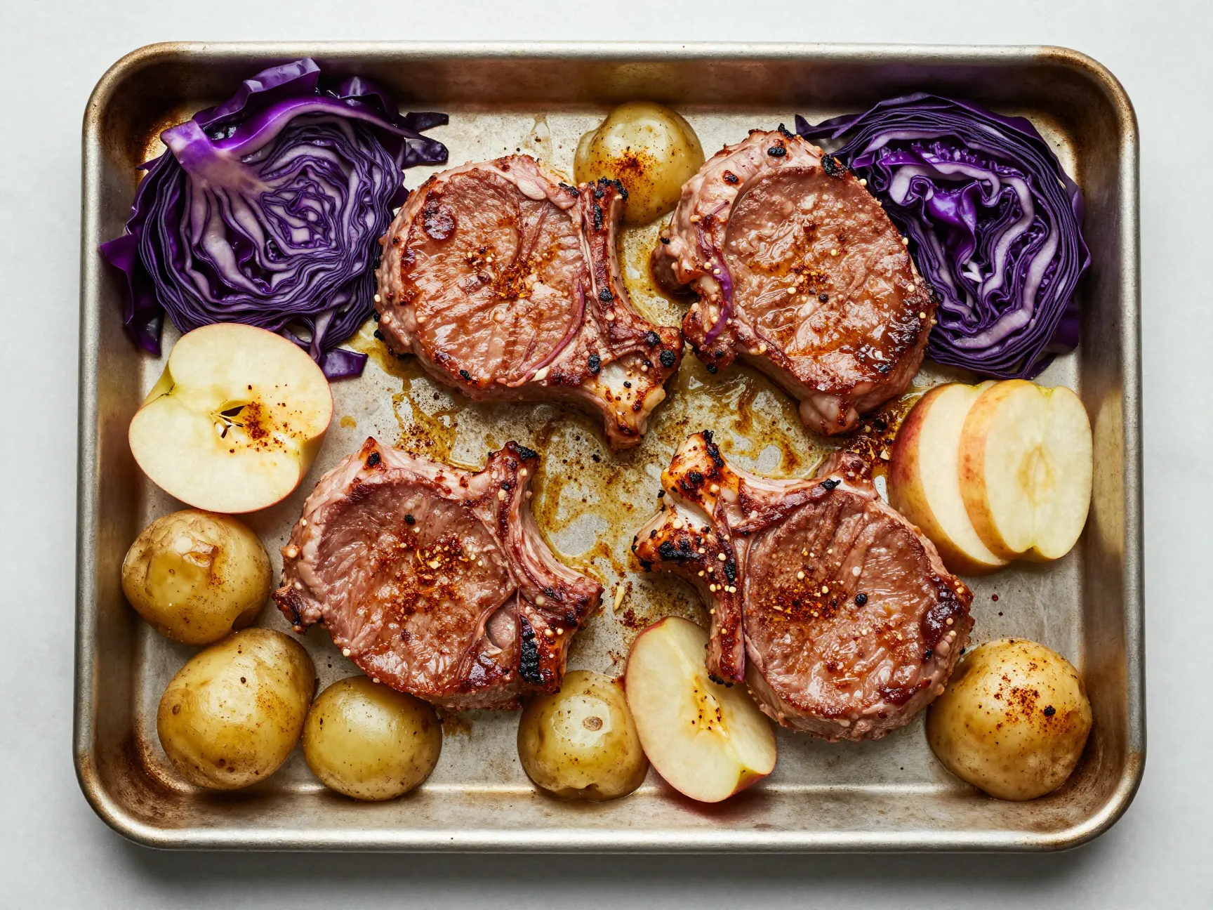 Sheet pan pork chops with cabbage apples and potatoes