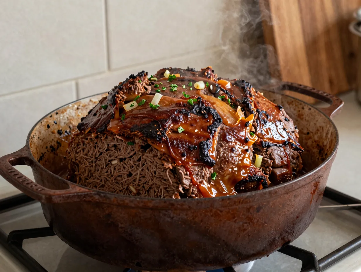 A perfectly browned meatloaf inside a dutch oven
