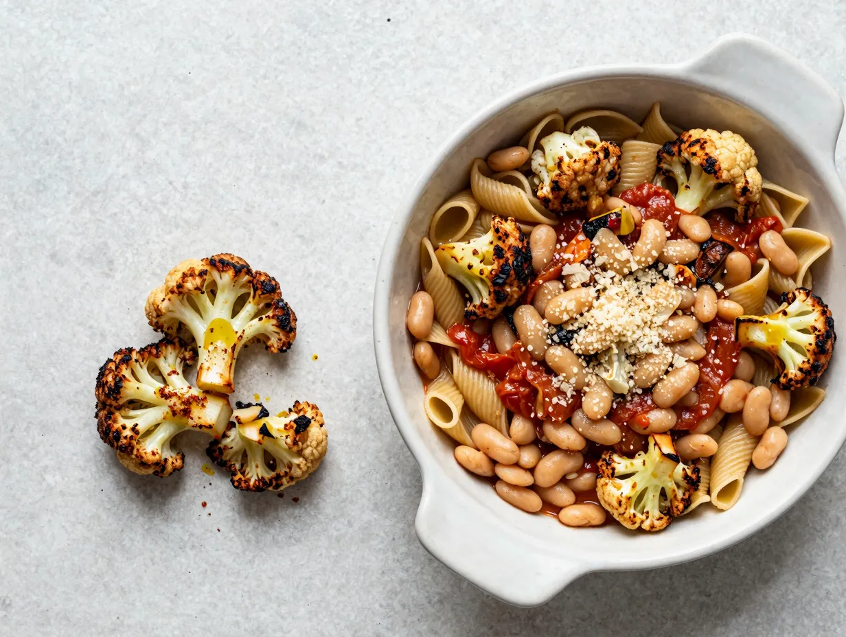 Baked pasta with roasted cauliflower and white beans