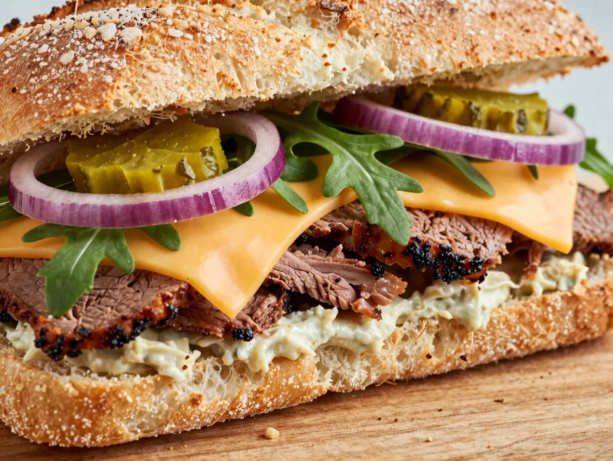 Leftover roast beef sandwich on crusty bread