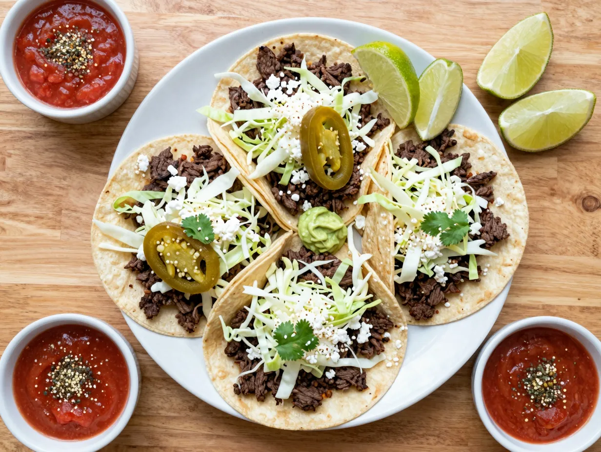 Vibrant grass fed beef tacos with fresh toppings bar