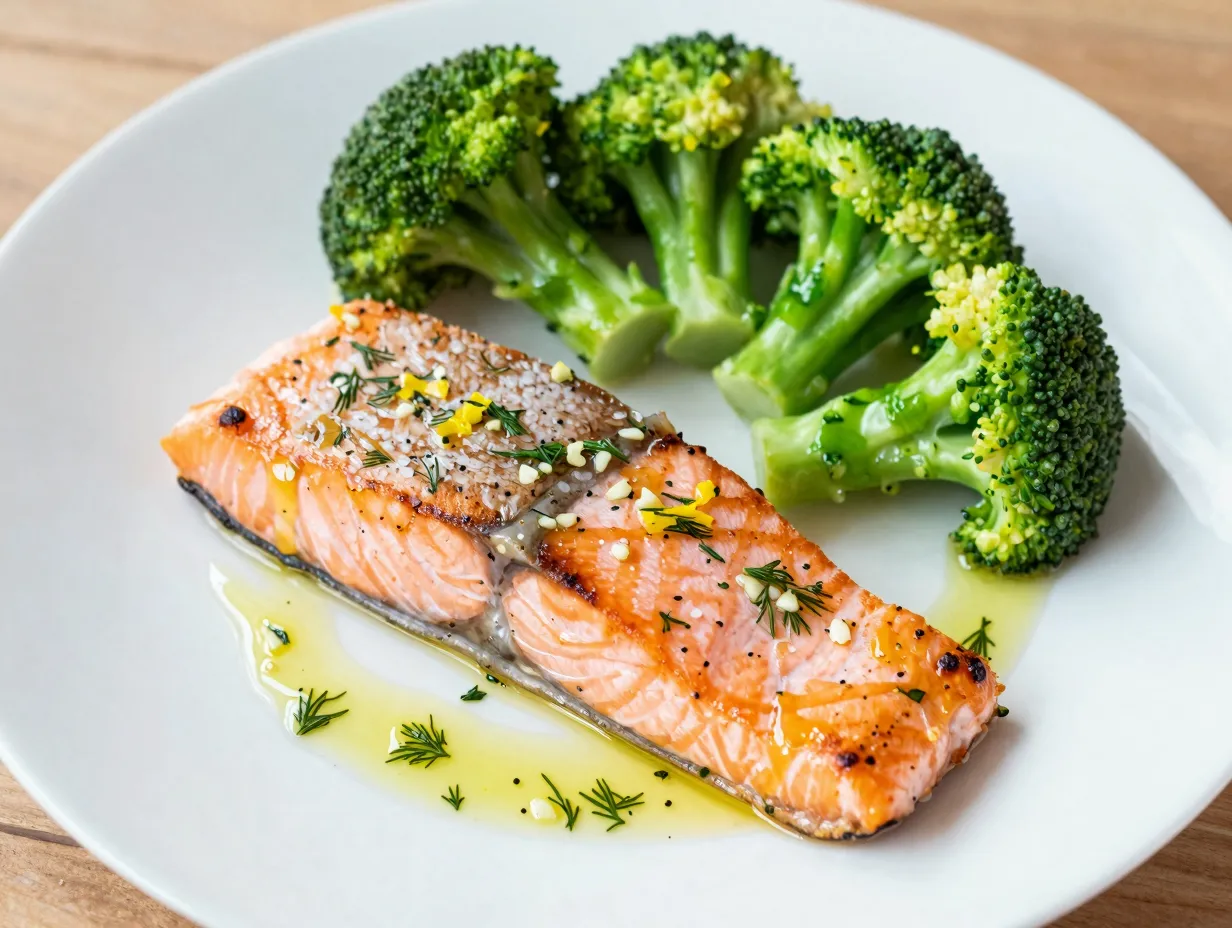 Salmon and steamed broccoli with lemon herb sauce